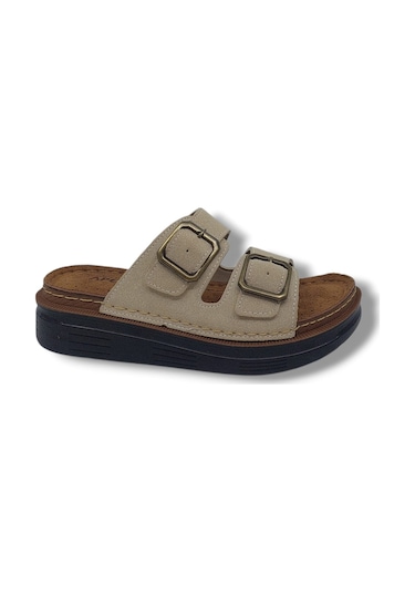 Zerhan Apella 250 Kadın Krem Tokalı Dolgu Taban Terlik Krem