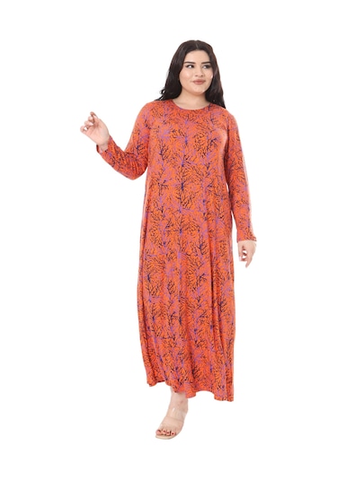 Melsay Butik Turuncu İnce Mercan Desen Uzun Kollu Kadın Elbise Turuncu