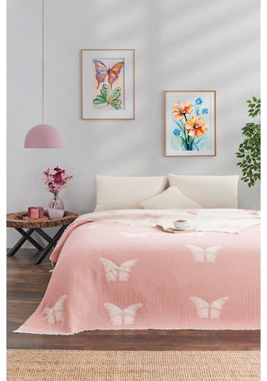 Kelebek Desenli Jakarlı Pembe Pike Çift Kişilik 220 240cm Pembe