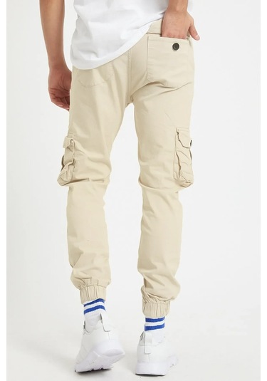 Erkek Kargo Jogger Pantolon Rahat Kesim Lastikli Paça Bej