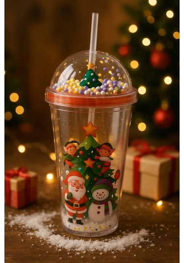 Desenli Renkli Pipetli Kupa Bardak Noel Çam Ağacı Altında Noel Baba Ve Kardan Adam Suluk 450ml 2768b Çok Renkli