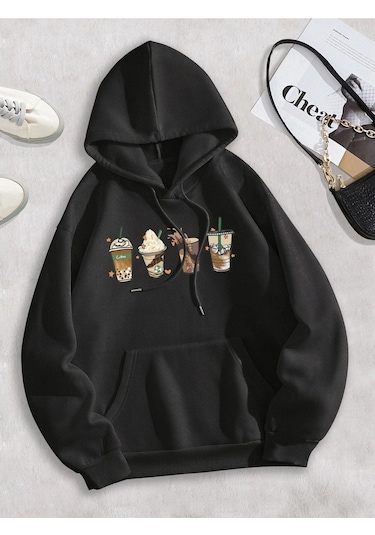 Clayes Coffe Sweatshirt - Siyah Baskılı Oversize Kapüşonlu Siyah