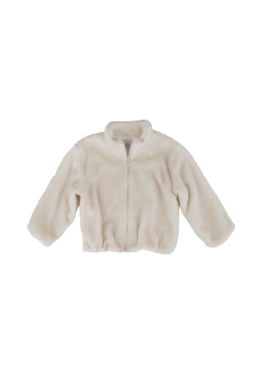 Fermuarlı Dik Yaka Peluş Ceket Ekru