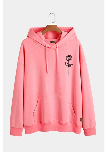 Unisex Pembe Kapüşonlu Gül Baskılı Slim Fit Kanguru Cepli Sweatshirt Pembe