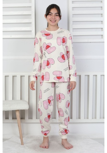 Tangled Hearts Desenli Kız Çocuk Pijama Takımı 8-13 Ekru