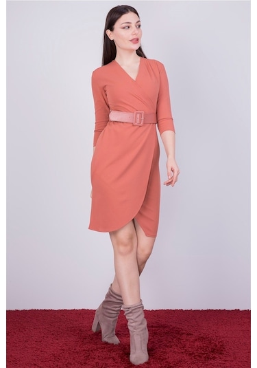 Scuba Krep Kruvaze Yaka Detaylı Kemerli Mevsimlik Midi Boy Elbise 001