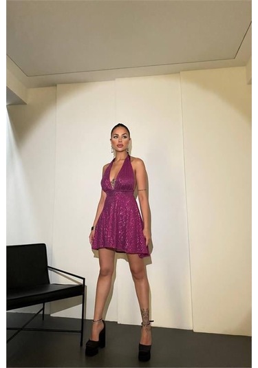 Kadın Mor Halter Yaka Payet Elbise Dpnbdf046 Mor
