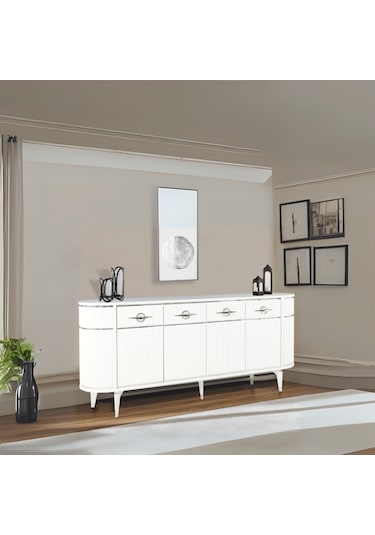 Maya 4 Kapaklı Gümüş Detaylı Konsol Beyaz Renkli Oval Model 180x45x84 Cm Beyaz - Gümüş