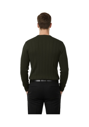 Deepsea Haki Dar Kesim Likralı Erkek Triko Kazak Bisiklet Yaka Şık Tasarım 2605433 Haki