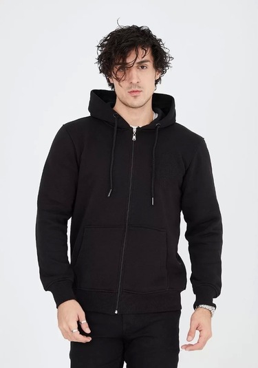 Unisex Tam Fermuarlı Kapşonlu Sweatshirt - Siyah Siyah
