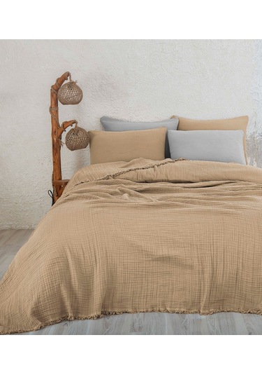 %100 Pamuk Müslin Yatak Örtüsü Tek Kişilik 4 Katlı Battaniye 2 Parça Müslin Pike Seti Bej Bej
