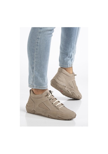 Hakiki Deri Nubuk Erkek Bot Bej Elastik Bağcıklı Saraçlı Taban-3488 Bej