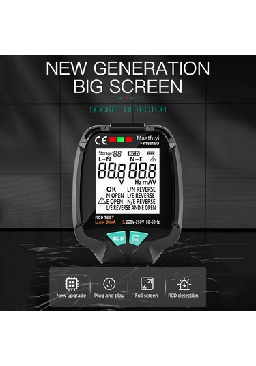 Moveevo Elektrik Prizi Testeri Lcd Ekranlı, Akım/frekans/leakage Tespiti, 20 Veri Depolama, Avrupa Standartı Pil Dahil Değil