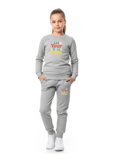 Düz Yuvarlak Yaka Your Shine Yazı Baskılı Kız Çocuk Eşofman Takımı Gri