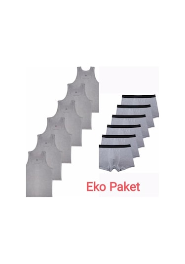 Erkek Çocuk İkili Set Pamuklu Penye 6 Atlet 6 Boxer Gri Gri Gri - Gri