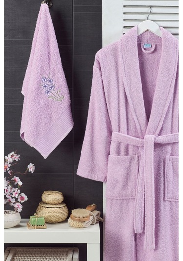 Bornoz - Nakışlı Havlu Seti Cora Leylak L/xl+45x85cm Leylak