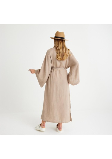 Pamuklu Dokuma Beli Kuşaklı Maxi Kadın Kimono Kaftan - Small Medium Bej