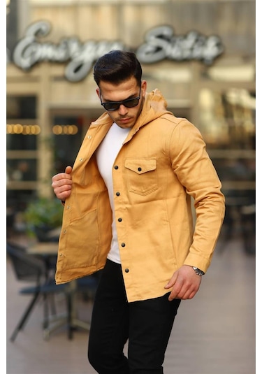 Açık Hardal Renk Kapüşonlu Kot Ceket-1477 Hardal