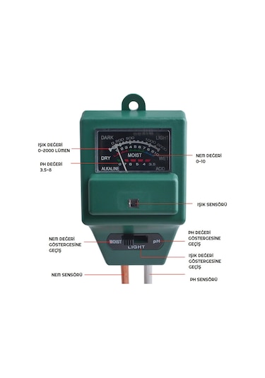 3 in 1 Toprak pH - Nem - Işık Ölçer Pilsiz Toprak Test Analizörü