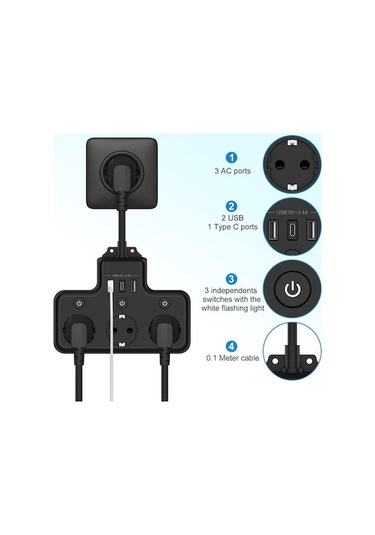 Novahub Qianfan Dörtlü Priz Bağımsız Anahtar 3 Soket+3 Usb Şarj