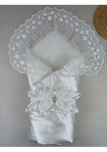 Yenidoğan Pırıltı Taç Nakışlı Trilüks Kundak Bebek Battaniyesi Ekru Çok Renkli