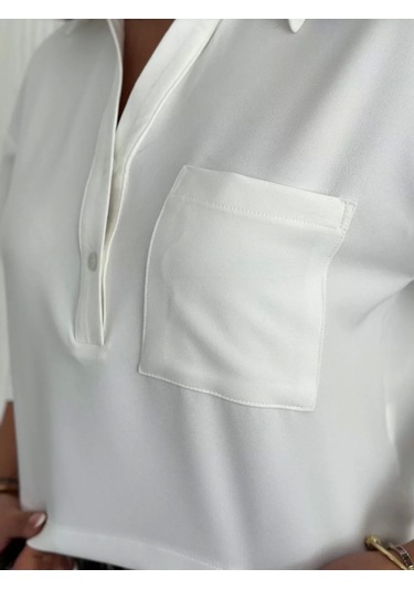 Z Krep Kadın Crop Yakalı Gömlek İlik Düğmeli Üç Çeyrek Sleeve Kol - Beyaz Beyaz