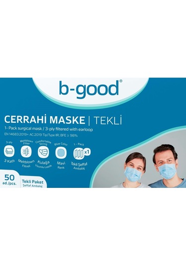 B-Good Full Ultrasonik 3 Katlı Lastikli Maske 50 Adet - Tekli Poşet