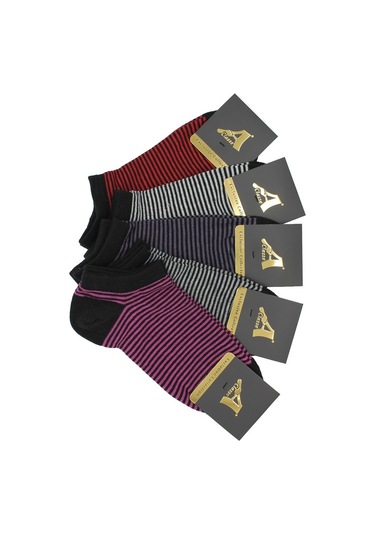 5'Li Paket Siyah Üzeri Renkli Çizgili Kadın Patik Çorap Siyah