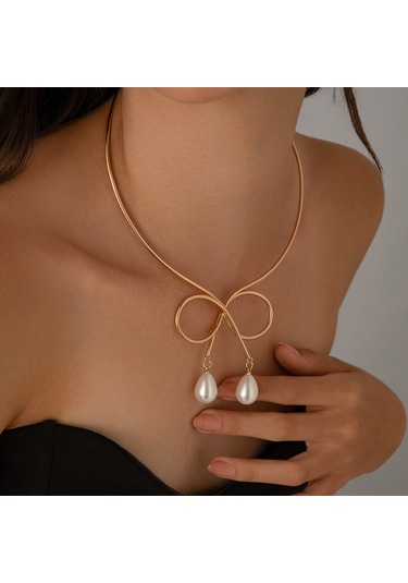 Takı Punk Metal Düz Halka Fiyonk Kolye Kadın Tatlı Serin Su Damlası İmitasyon İnci Gerdanlık Kolye Diğer