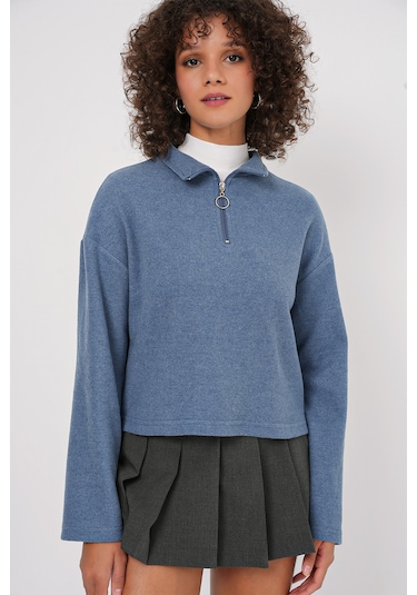 Bigdart 55449 Fermuarlı Yaka Örme Sweatshirt - İndigo
