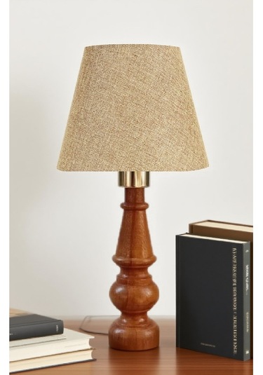 Ahşap Gövdeli Kumaş Başlıklı Dekoratif Abajur Masa Lambası Aydınlatma Lamba Ekru