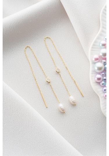 Nereze 925 Ayar Gümüş Gold Tektaş Detaylı İncili Zincir Küpe