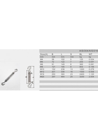 Homyl Paslanmaz Çelik 304 Kanca Ve Gerdirme Tel Halat Germe