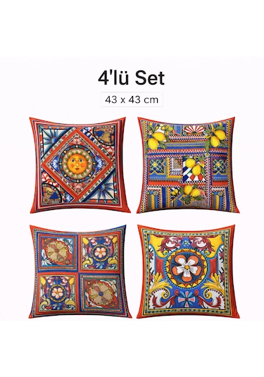 Dijital Baskılı Çift Taraflı Pamuklu Kırlent Kılıfı Gizli Fermuarlı, Astarlı 43 43 Cm 4'lü Set Kadife Çiçeği