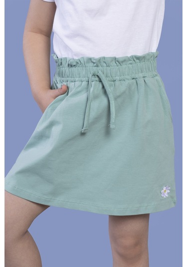 Toontoy Kız Çocuk Cep Detaylı Papatya Nakışlı Etek Yeşil