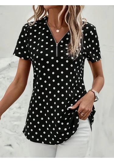 Modasize Kadın Kısa Kollu Yakadan Fermuarlı Puantiyeli Uzun Dokuma Viskon Bluz Siyah