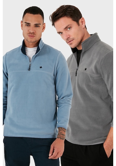 Buratti Slim Fit Anti-Pilling Tüylenme Yapmayan Bato Yaka Şardonlu 2'Li Paket Erkek Polar 5906001S2 Gri-Açık Mavi