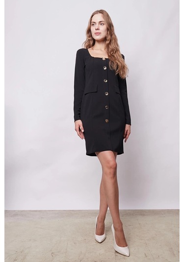 Kadın Likralı Krep Kumaş Kare Yaka Uzun Kol Önü Düğmeli Ofis Ceket Elbise-siyah Siyah