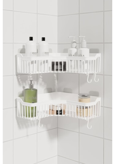 Banyo Köşe Yapışkanlı Banyo Rafı, 2'li Banyo Düzenleyici, Duvar Duş Rafı Banyo Organizer Şampuanlık, Beyaz