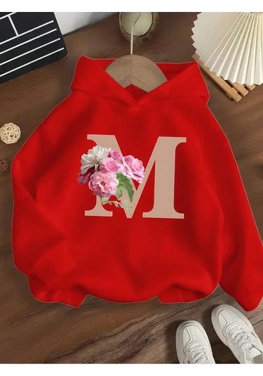 Kışlık Kapüşonlu Sweatshirt, Çocuk Çiçekler M Harfli Baskılı Kırmızı