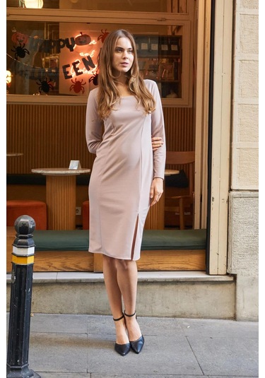 Kadın Likralı Krep Kumaş Kare Yaka Önden Yırtmaçlı Uzun Kol Diz Altı Ofis Elbise-taş Taş