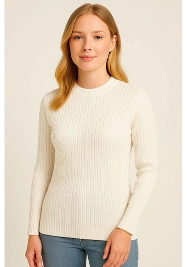 Bisiklet Yuvarlak Yaka Triko Kazak Pamuklu Kalın Fitilli Dokuma, Regular Fit Uzun Kollu Kışlık Model Beyaz