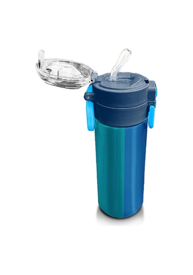 Coral High Kids Renkli Çizgili Desenli Pipetli Ve Direkt İçim Çelik Termos 500 Ml 31879 Çam Yeşili