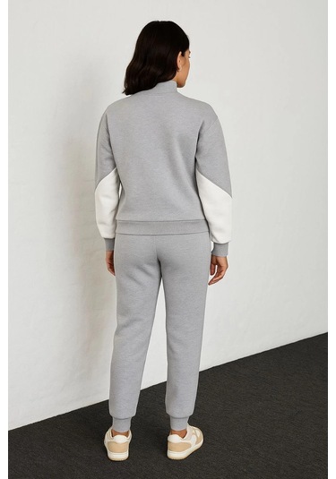 Kadın Premium Parçalı Eşofman Takım - Dik Yaka Fermuarlı Sweatshirt - Gri Çok Renkli