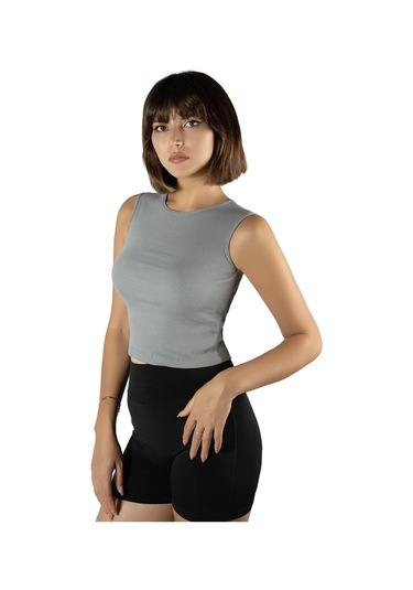 2'li Paket Kırmızı Gri Fitted/vücuda Oturan Crop Halter Yaka Fitilli Esnek Örme Bluz Atlet Kırmızı Gri