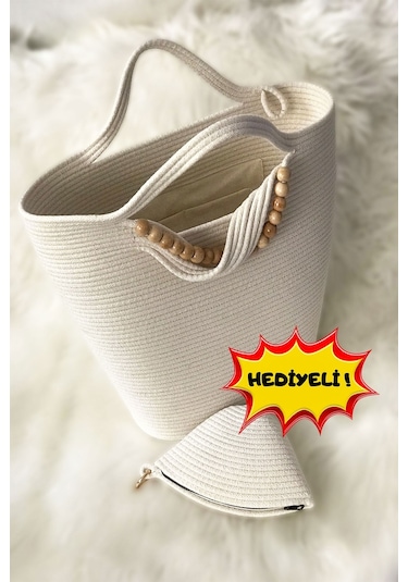 El Emeği Jüt & Hasır Halat Kordon İpten Dört Mevsim Büyük Boy El Çantası Midye Çanta Hediyeli Beyaz