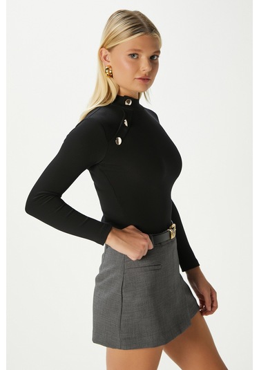 Kadın Gloria Gold Düğmeli Uzun Kollu Siyah Fitilli Pamuk Bluz Siyah