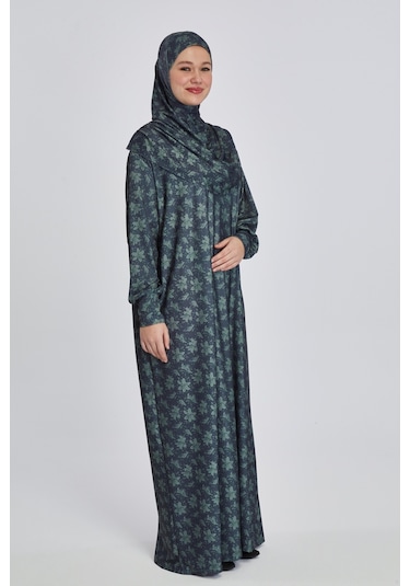 Pratik Tek Parça Manolya Desenli Namaz Elbisesi Siyah