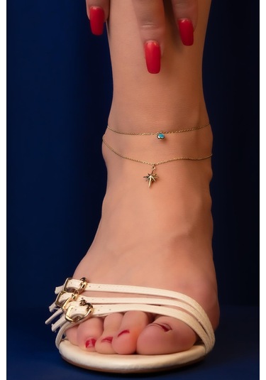 14 Ayar Altın Firuze Taşlı Kuzey Yıldızı Halhal Hal0017 Beyaz