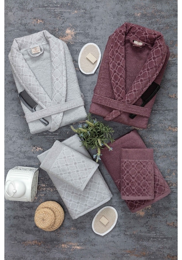 Güvenal Hayal 12 Parça Kutulu Jakarlı Bornoz Takımı Bornoz Havlu & Havlu Seti Banyo Çeyiz Seti 6 Çok Renkli